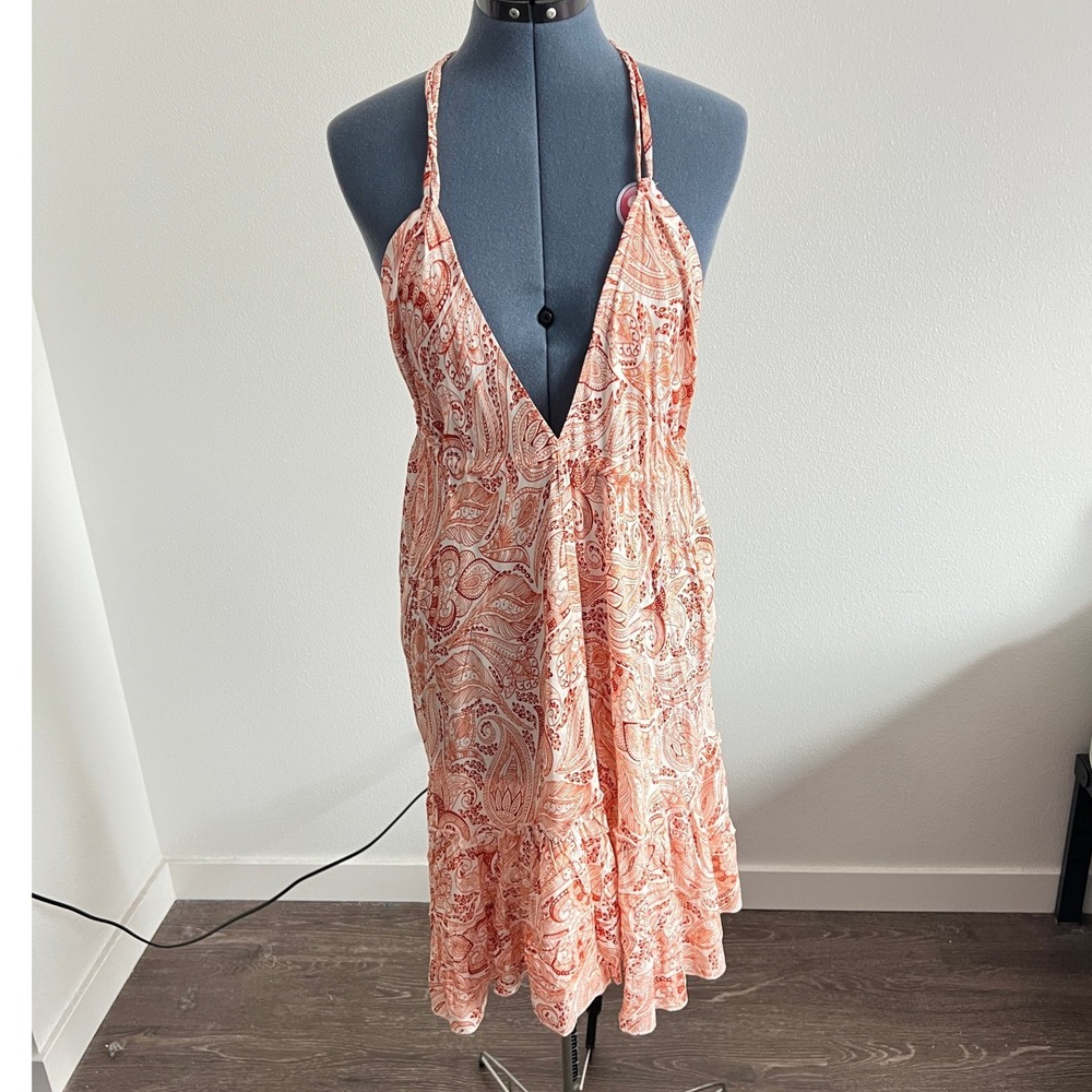 Mira Orange Paisley Boho Tiered Ruffle Halter Dress M Resortwear Cottagecore
